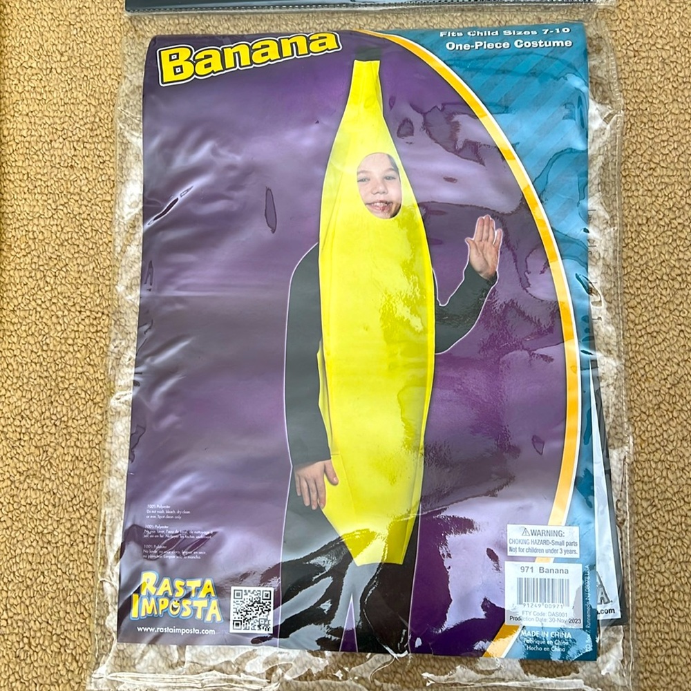 Kids Banana Costume. Size 7-10.